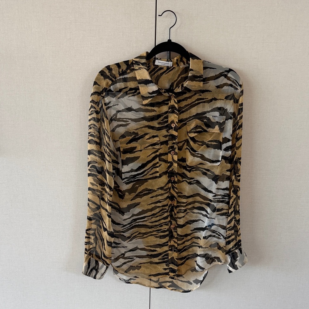 Equipment Tan and Black Patterned Blouse